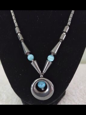 Art Deco Hematite Necklace with Blue Bead Pendant-Women's Jewelry